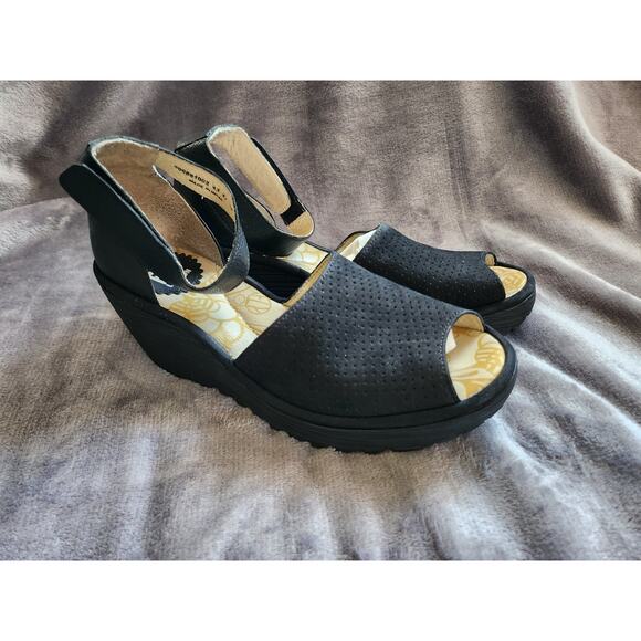 FLY London Perforated Leather Wedge Sandals – Yula, size 7.5 - Picture 1 of 7